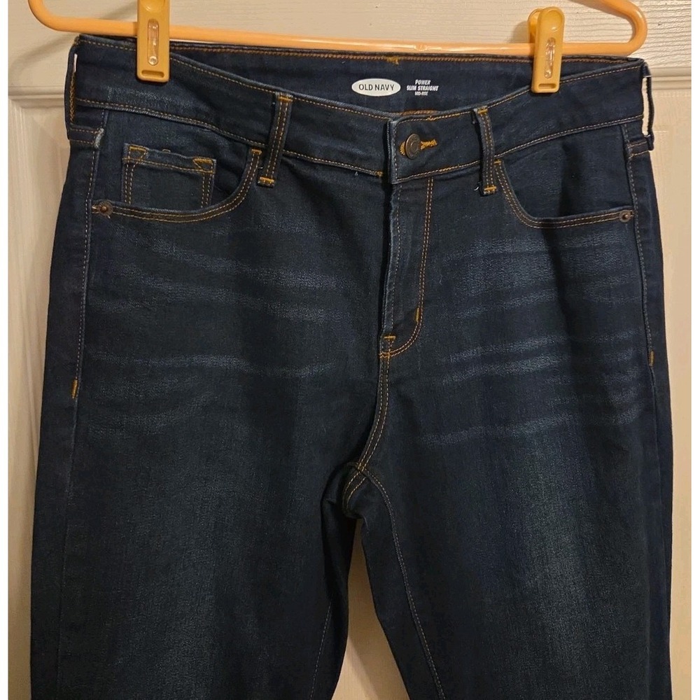 Old Navy Womens Power Slim Straight Mid Rise Dark Wash Blue Jeans 8 Short - Picture 2 of 5